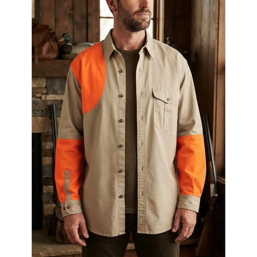 Filson Upland Hunting Shooting Shirt Men's XXL Tan Orange Cotton Long Sleeve USA